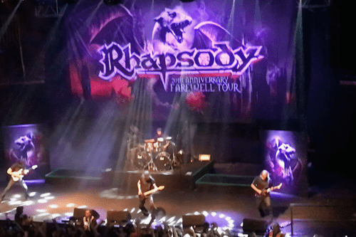 Image of a Italian symphonic power metal band called Rhapsody an their 10 x 6 meter (32.8 ft x 19.7 ft) size backdrop
