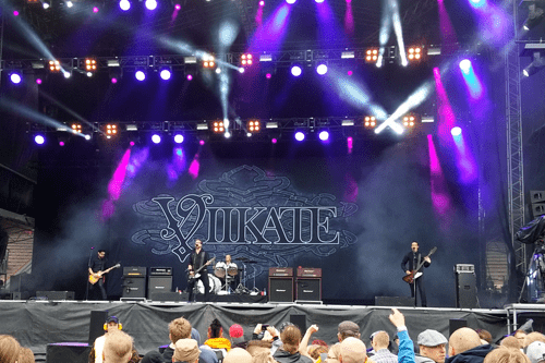 Image of a Finnish band called Viikate with their 11 x 8 meter (36 ft x 26.2 ft) size backdrop in the background