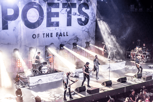 Image of a Finnish band called Poets of the Fall with their 8 x 6 meter (26 ft x 19.7 ft) size backdrop in the background